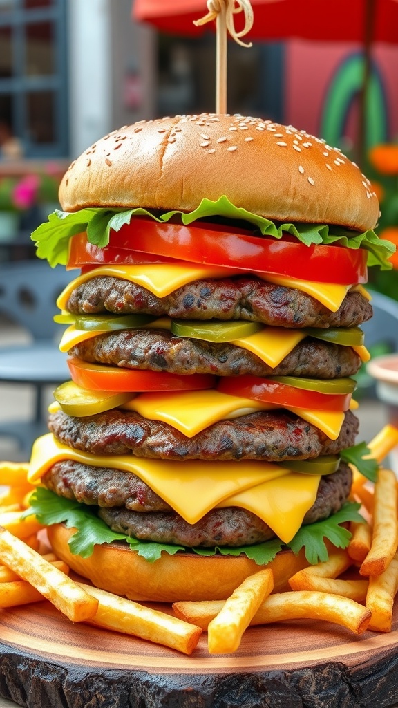 A triple beef burger stacked high with cheese, lettuce, tomato, and pickles, served with fries on a wooden platter.